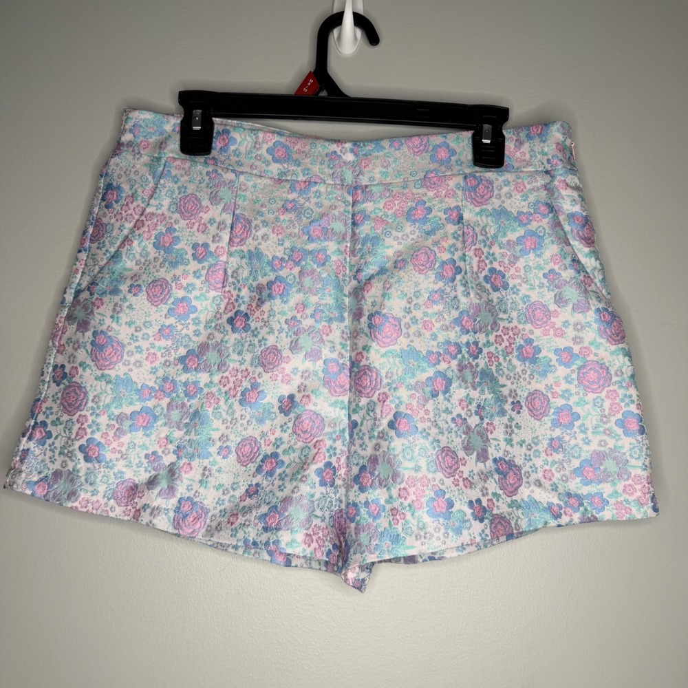 TCEC Shorts Women XL Pink Blue Floral Brocade High Rise Side Zip CP9712